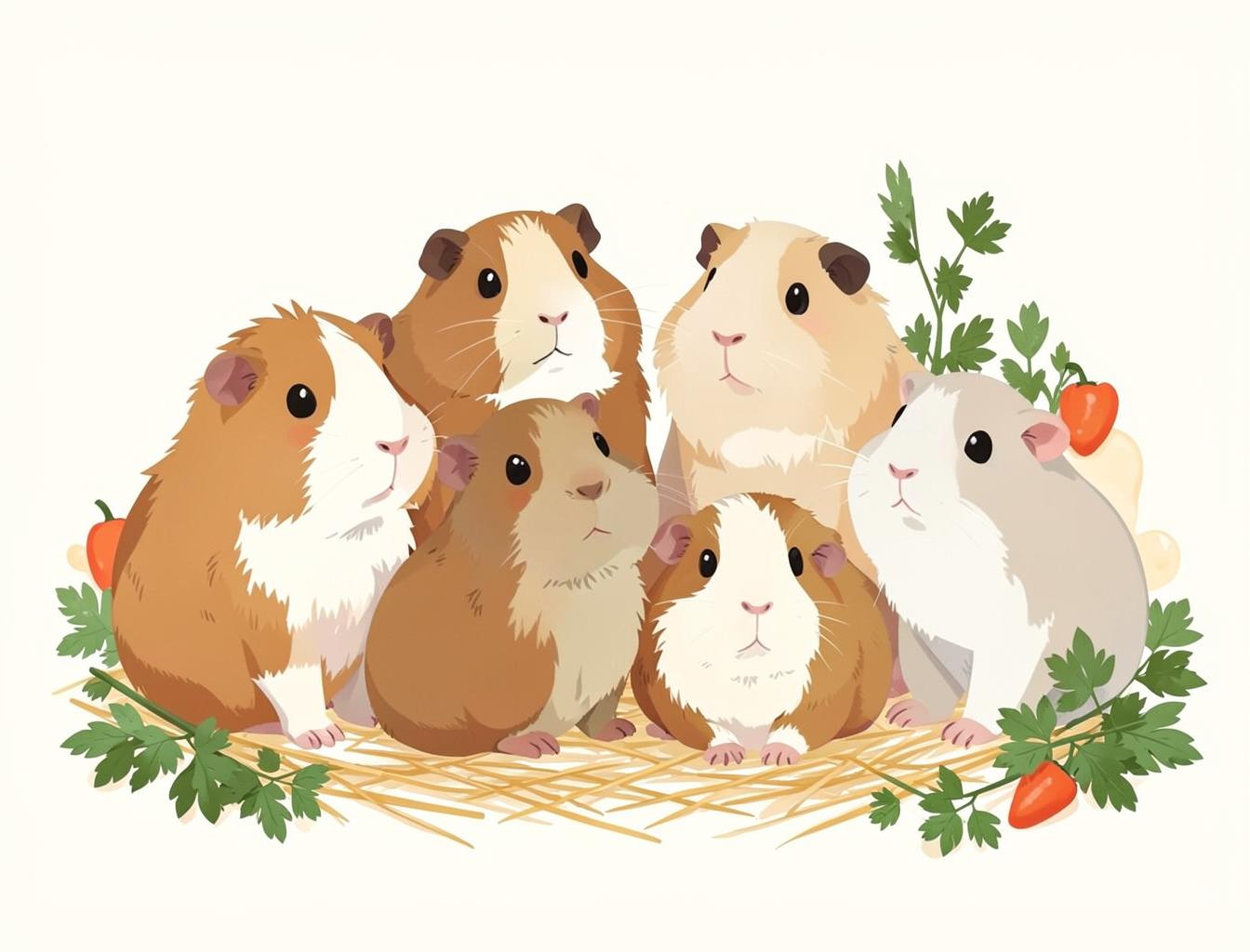 Illustration of guinea pigs of different breeds sitting together on hay with vegetables